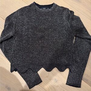 Zara Black Metallic Scalloped Hem Crewneck Sweater